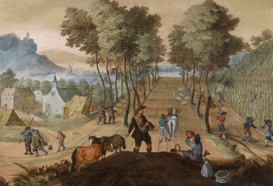 Landscape near a village with farmers at field work, vintage artwork by Sebastian Vrancx, 12x8" (A4) Poster