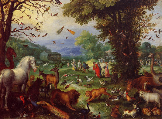 Landscape of Paradise and the Loading of the Animals in Noah's Ark, vintage artwork by Jan Brueghel the Elder, 12x8" (A4) Poster