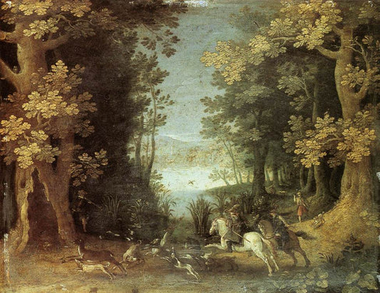 Landscape with a Deer Hunt, vintage artwork by Sebastian Vrancx, 12x8" (A4) Poster