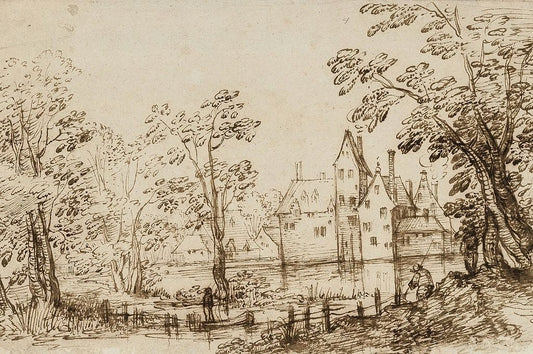 Landscape with buildings at water, vintage artwork by David Vinckboons, 12x8" (A4) Poster