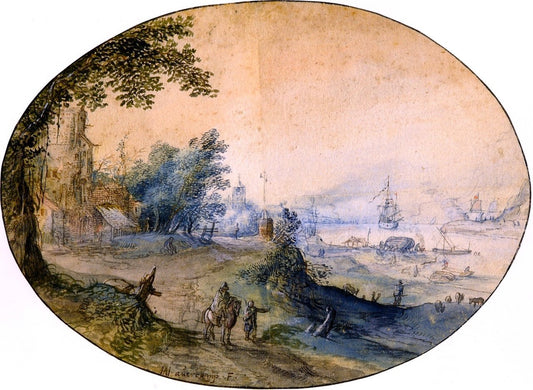 Landscape with Buildings on the Bank of a River, vintage artwork by Hendrick Avercamp, 12x8" (A4) Poster