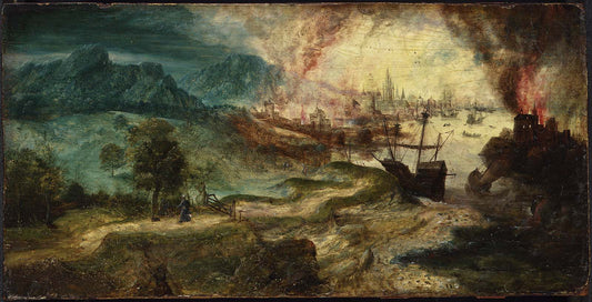 Landscape with Burning City, vintage artwork by Herri met de Bles, A3 (16x12") Poster Print