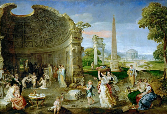 Landscape with Classical Ruins and Women Bathing, vintage artwork by Lambert Sustris, A3 (16x12") Poster Print