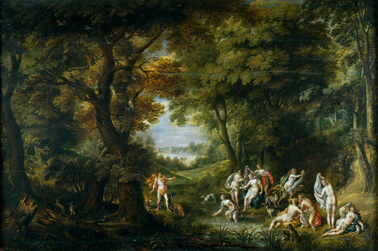 Landscape with Diana and Acteon, vintage artwork by Denijs van Alsloot, 12x8" (A4) Poster