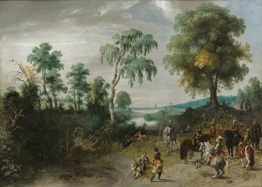 Landscape With Horsemen At Rest, vintage artwork by Sebastian Vrancx, 12x8" (A4) Poster