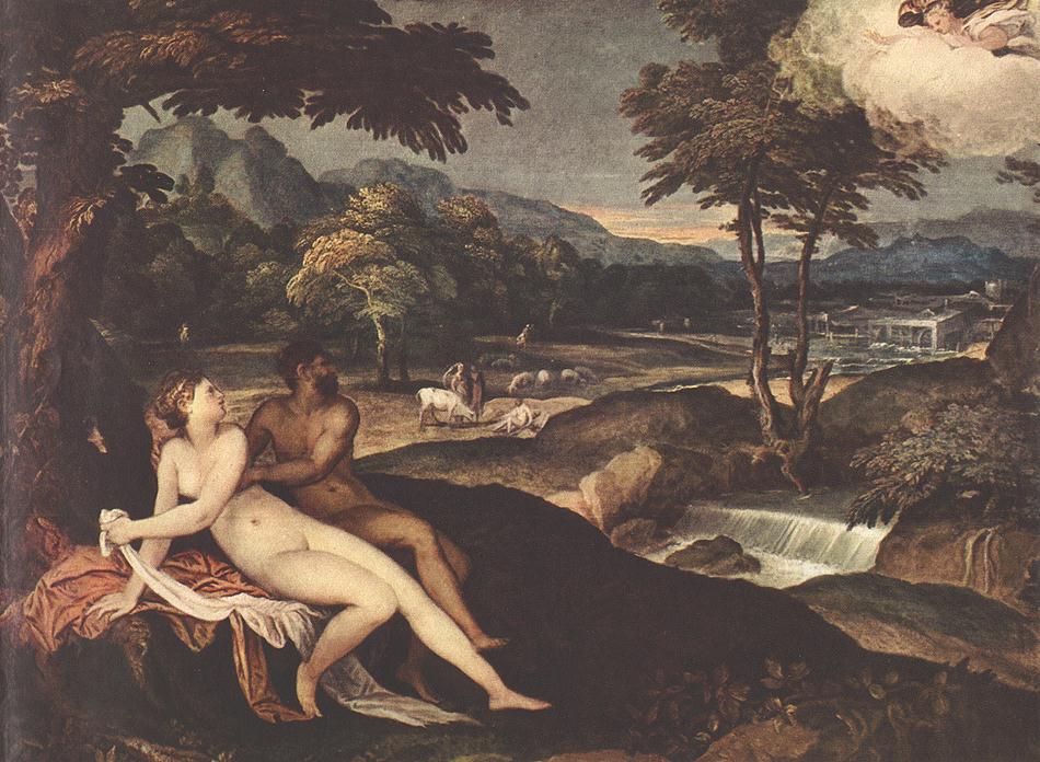 Landscape with Jupiter and Io, vintage artwork by Andrea Schiavone, A3 (16x12") Poster Print
