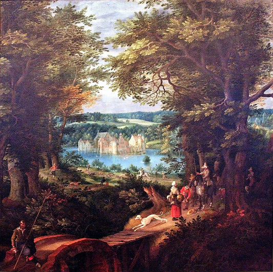 Landscape with Moated Castle, vintage artwork by Denijs van Alsloot, 12x8" (A4) Poster