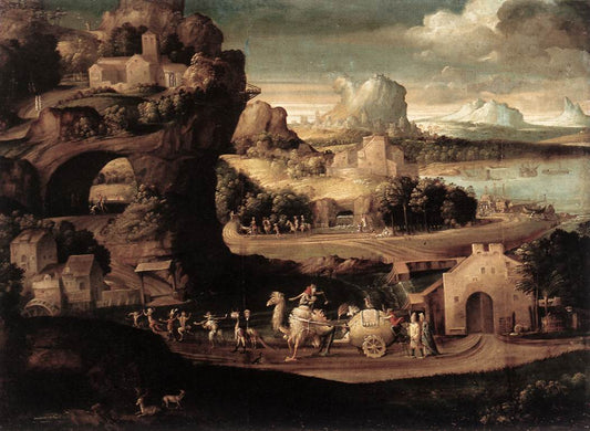 Landscape with Musicians, vintage artwork by Girolamo da Carpi, A3 (16x12") Poster Print