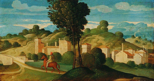 Landscape with Rider, vintage artwork by Girolamo da Santa Croce, A3 (16x12") Poster Print