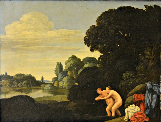 Landscape with Salmacis and Hermaphroditus by Carlo Saraceni, vintage art, modern poster print