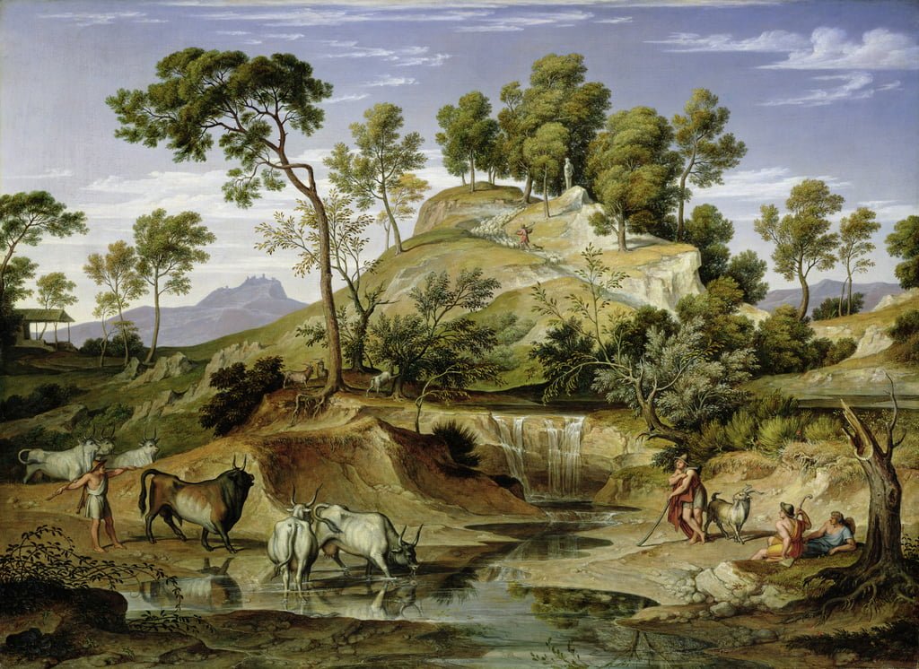 Landscape with Shepherds and Cows by Joseph Anton Koch, vintage art, modern poster print