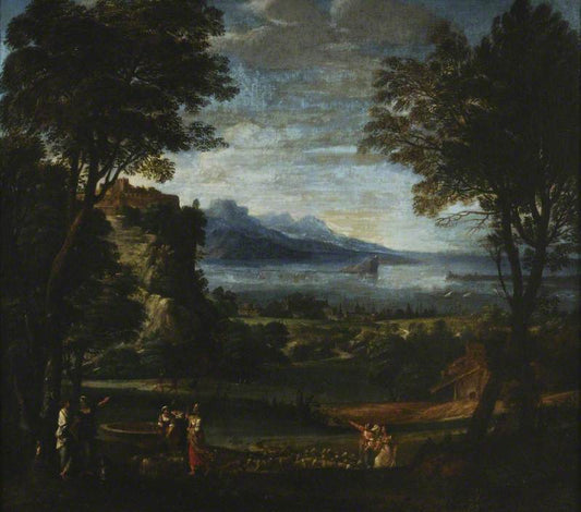 Landscape with the Daughters of Raguel at the Well, vintage artwork by Domenichino, 12x8" (A4) Poster