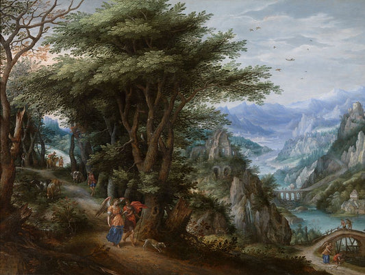 Landscape with Tobias and the Archangel Raphael, vintage artwork by Denijs van Alsloot, 12x8" (A4) Poster