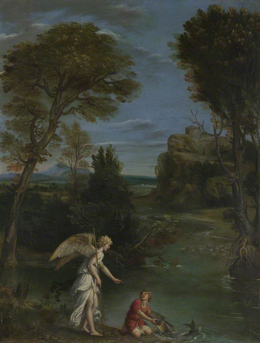 Landscape with Tobias Laying Hold of the Fish, vintage artwork by Domenichino, 12x8" (A4) Poster