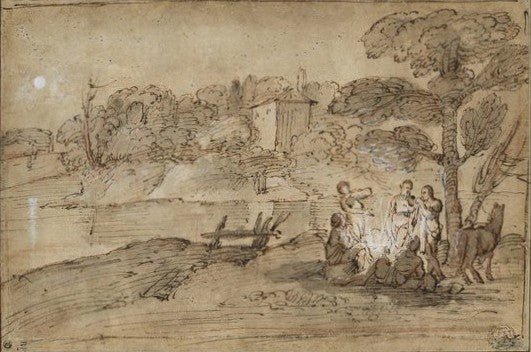 Lanscape with a Horse and Several Characters around a Fire, vintage artwork by Francesco Albani, 12x8" (A4) Poster