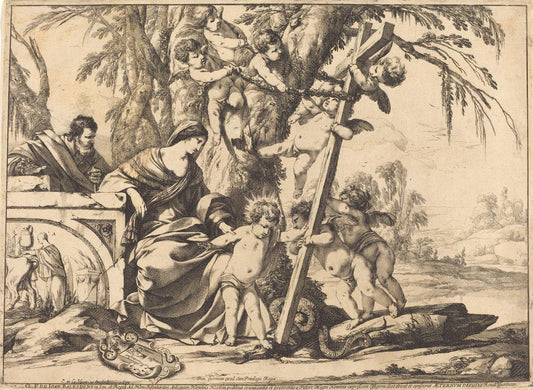 Laurent de La Hyre:Holy Family with Angels and the Cross, Cr,16x12"(A3) Poster