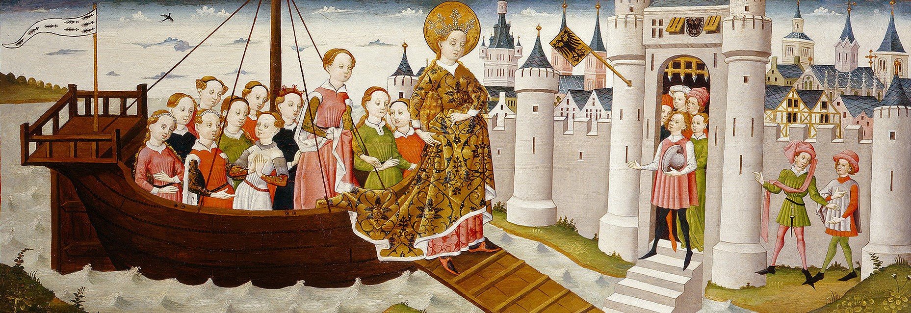 Legend of St Ursula: Arrival in Tiel, vintage artwork by German School 15th Century - Unknown, A3 (16x12") Poster Print