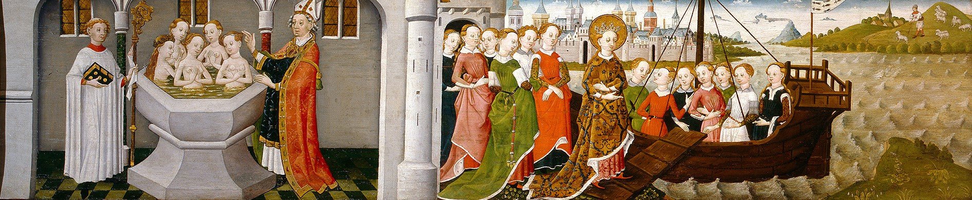 Legend of St Ursula: Baptism of the Companions and Embarkation of St Ursula with her Entourage, vintage artwork by German School 15th Century - Unknown, A3 (16x12") Poster Print