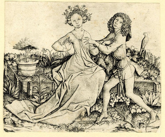 Les Amoureux sur un banc de gazon, vintage artwork by Master E.S., A3 (16x12") Poster Print