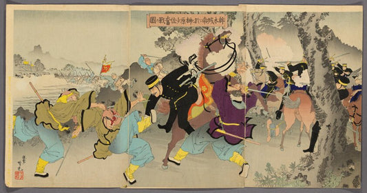 Lieutenant Commander Sakakibara Fighting Bravely to the South of Ximucheng (Takubokujo nan ni oite Sakakibara shosa funsen no zu) by  Adachi Ginko,23x16"( A2 size ) Poster Print