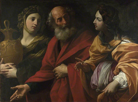 Lot and His Daughters Leaving Sodom, vintage artwork by Guido Reni, 12x8" (A4) Poster