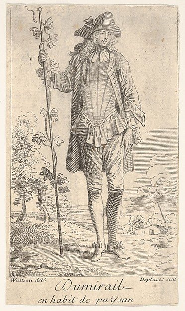 Louis Desplaces , After Antoine Watteau:Man in tricorn hat and overcoat shown in frontal view and holding a staff with a winding vine landscape with trees beyond c1710–39, vintage artwork, 16x12"(A3) Poster Print