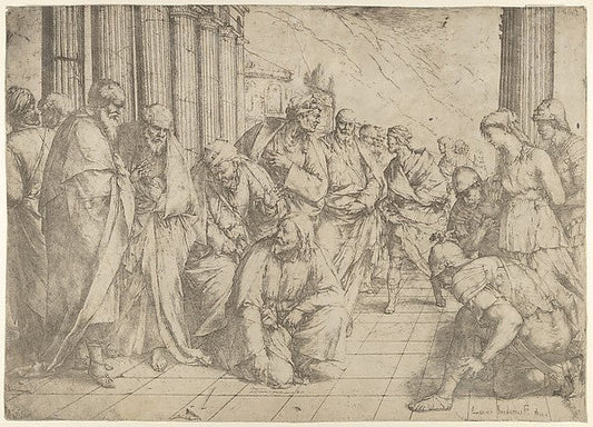 Luca Giordano:Christ kneels and writes on the pavement at center and a woman taken in adultery by three soldiers at right 1653, vintage artwork, 16x12"(A3) Poster Print