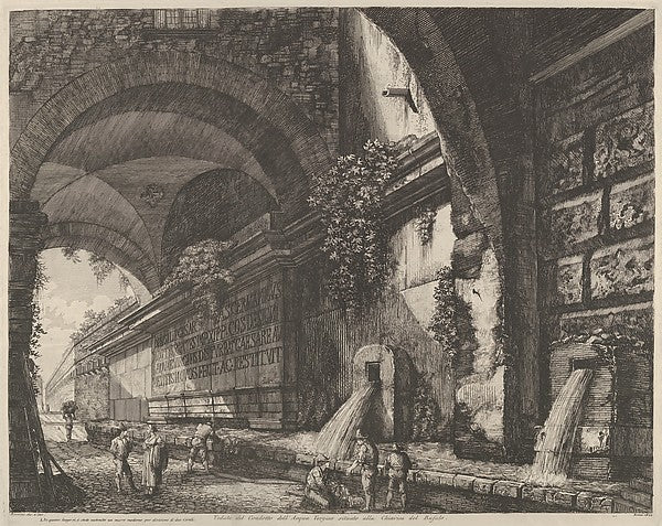 Luigi Rossini:View of the ancient aquaduct and fountains situated near the Chiavica del Bufalo in Rome 1822, vintage artwork, 16x12"(A3) Poster Print