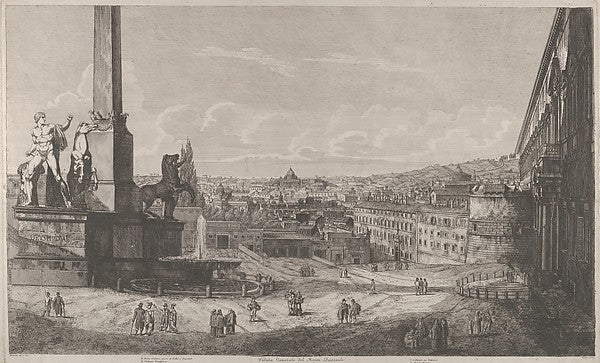 Luigi Rossini:View of the Quirinal Hill in Rome with the fountain of the horse tamers at left 1822, vintage artwork, 16x12"(A3) Poster Print