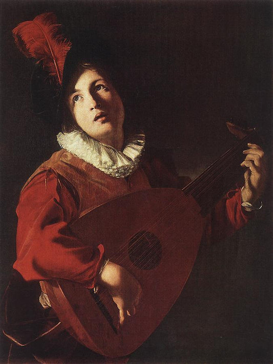 Lute Playing Young Man, vintage artwork by Bartolomeo Manfredi, 12x8" (A4) Poster