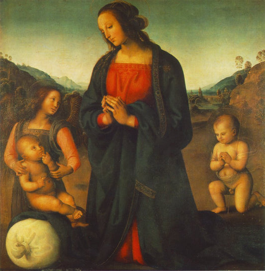 Madonna, an Angel and Little St John Adoring the Child, vintage artwork by Perugino, A3 (16x12") Poster Print