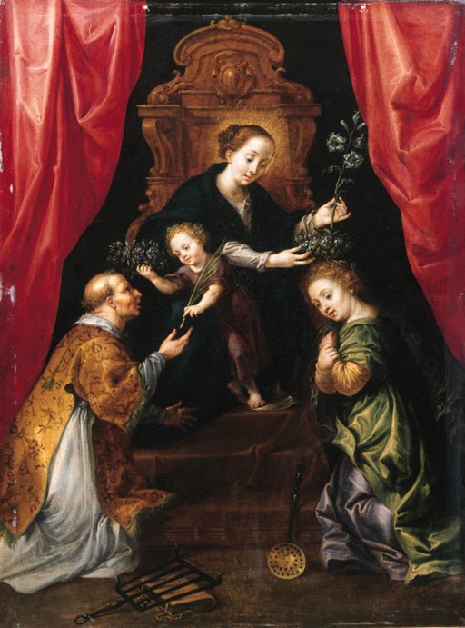 Madonna and Child adored by  St Lawrence and St Martha, vintage artwork by Maarten Pepyn, 12x8" (A4) Poster
