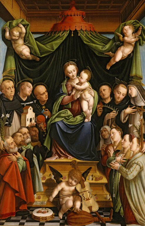 Madonna and Child Enthroned with Saints and Donors, vintage artwork by Bernardino Lanino, A3 (16x12") Poster Print