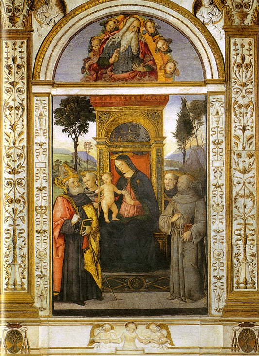 Madonna and Child Enthroned with Saints Augustine, Francis, Anthony of Padua and a Holy Monk, vintage artwork by Pinturicchio, A3 (16x12") Poster Print