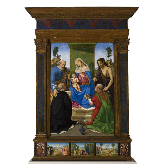 Madonna and Child Enthroned with Saints Peter, Dominic, John the Baptist and Nicholas of Bari, vintage artwork by Piero di Cosimo, A3 (16x12") Poster Print