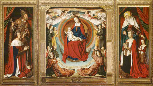 Madonna and Child in Glory Surrounded by  Angels, vintage artwork by Jean Hey, A3 (16x12") Poster Print