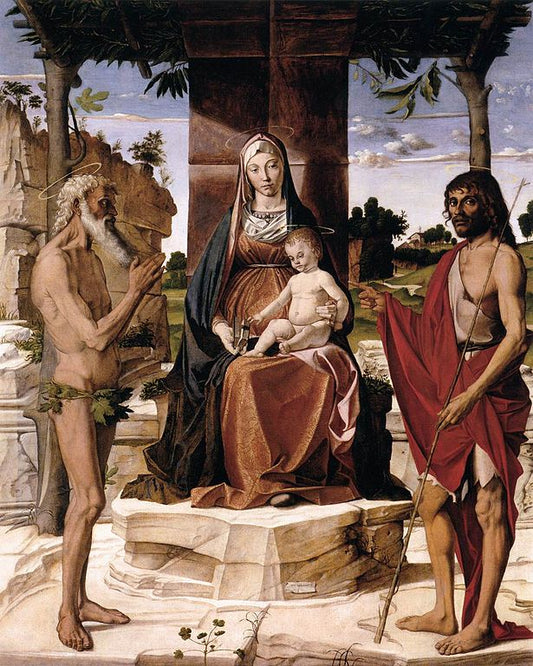 Madonna and Child under a Pergola with Saints John the Baptist and Onofrius, vintage artwork by Bartolomeo Montagna, A3 (16x12") Poster Print