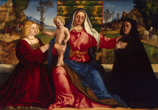 Madonna and Child with Donors, vintage artwork by Attributed to Palma il Vecchio, A3 (16x12") Poster Print