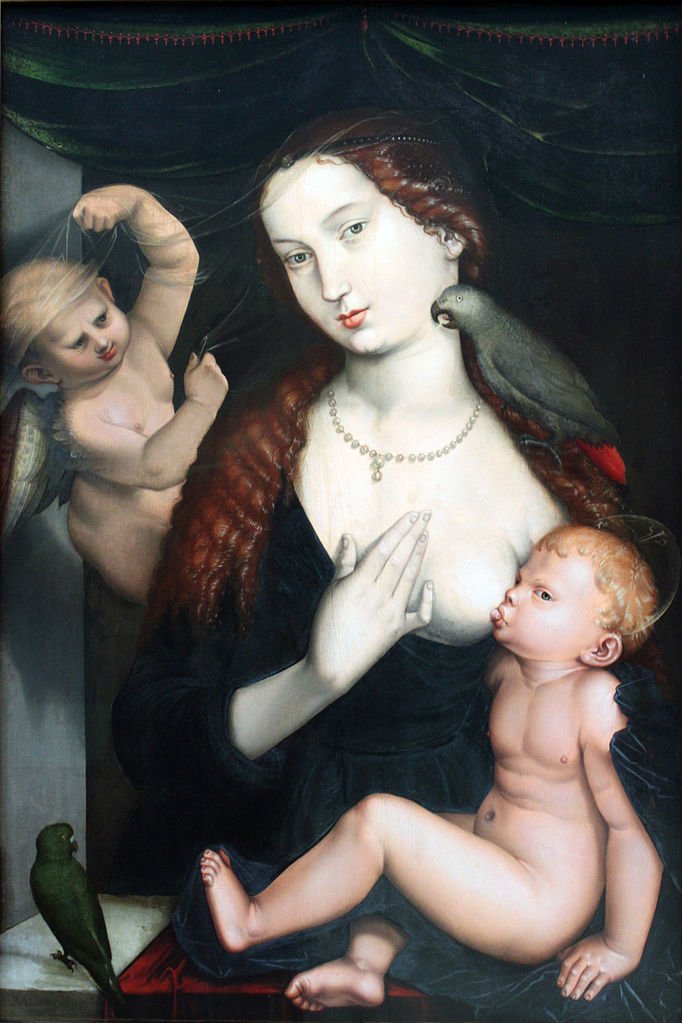 Madonna and Child with Parrots and an Angel, vintage artwork by Hans Baldung, A3 (16x12") Poster Print
