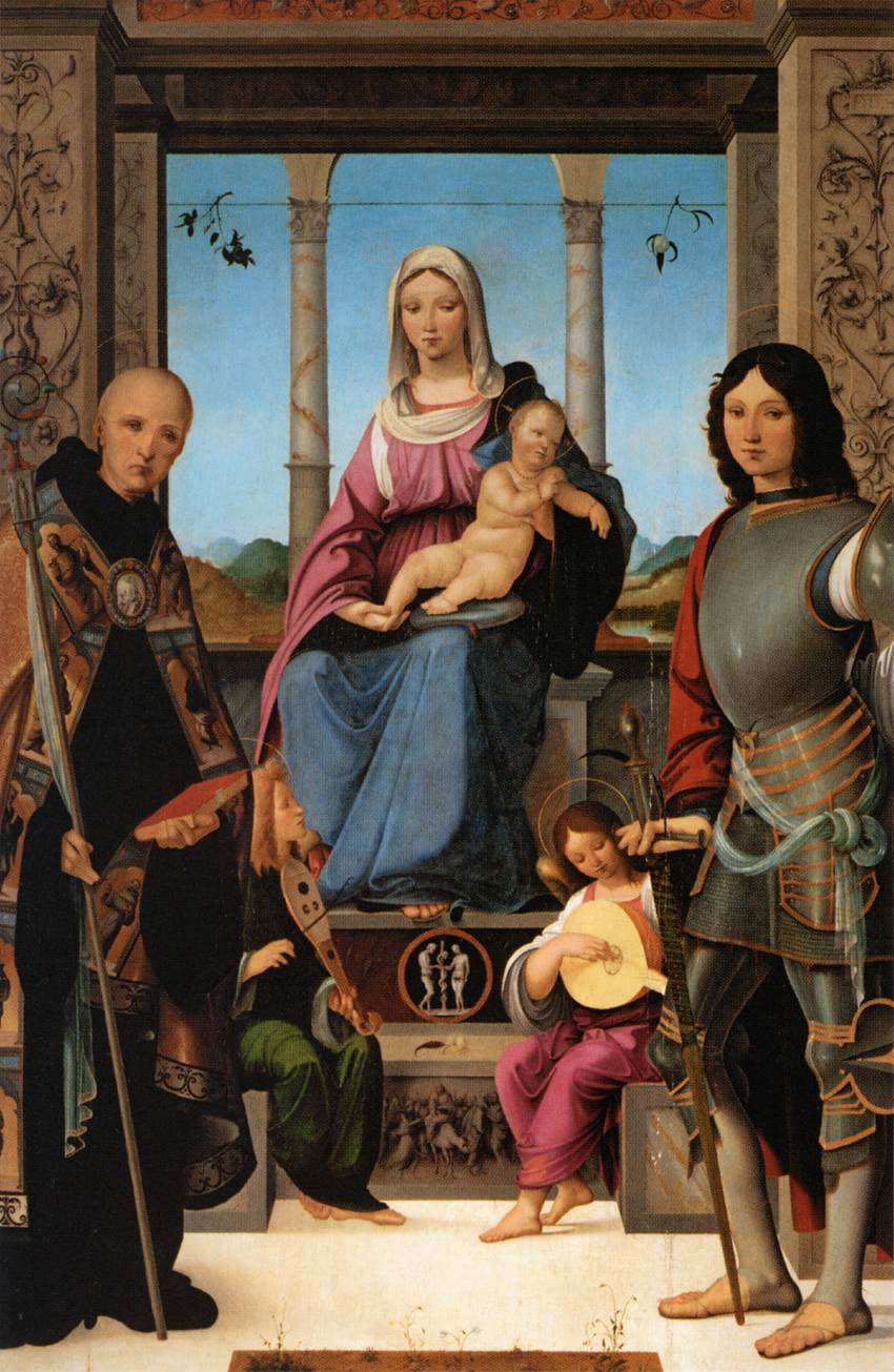 Madonna and Child with Saint Benedict, Saint Quintinus and Two Angels, vintage artwork by Francesco Marmitta, A3 (16x12") Poster Print