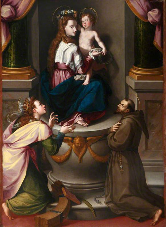 Madonna and Child with Saint Catherine of Alexandria and Saint Francis of Assisi, vintage artwork by Alessandro Allori, A3 (16x12") Poster Print