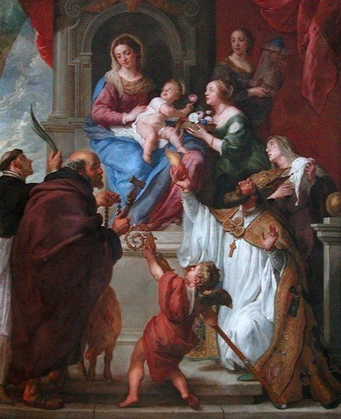 Madonna and Child with Saint Dominique, Anthony, Augustine, Monica, Dorothea and Barbara, vintage artwork by Gaspard de Crayer, 12x8" (A4) Poster