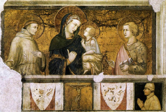Madonna and Child with Saint Francis and John the Evangelist, vintage artwork by Pietro Lorenzetti, 12x8" (A4) Poster