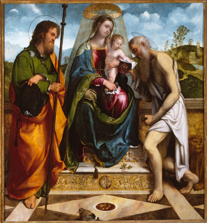 Madonna and Child with Saints James Major and Jerome, vintage artwork by Girolamo Romanino, A3 (16x12") Poster Print
