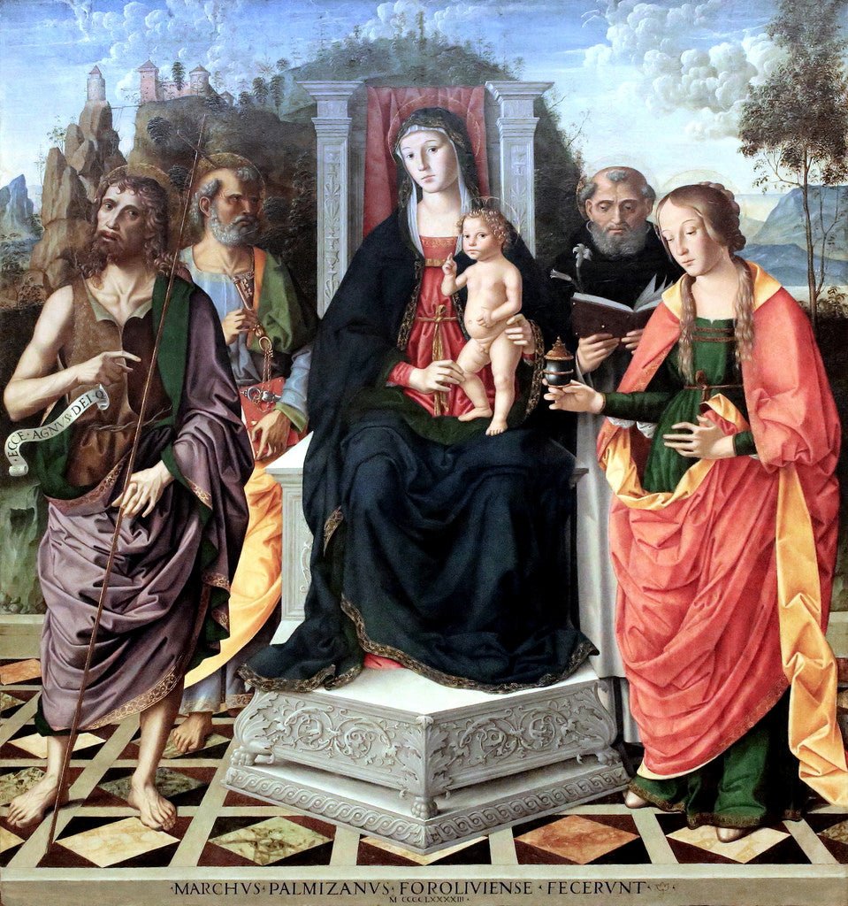 Madonna and Child with Saints John the Baptist, Peter, Dominic, Mary Magdalene., vintage artwork by Marco Palmezzano, A3 (16x12") Poster Print