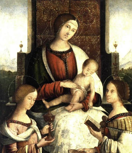 Madonna and Child with Saints Mary Magdalene and Catherine of Alexandria, vintage artwork by Attributed to Bernardino Zaganelli, A3 (16x12") Poster Print