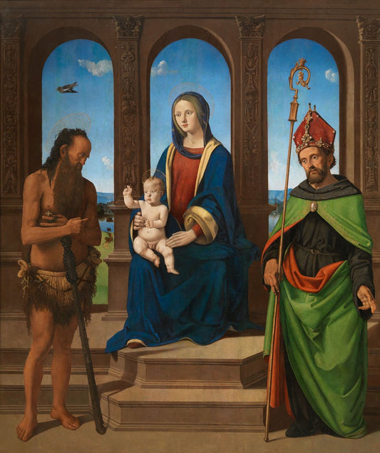 Madonna and Child with Saints Onofrius and Augustine, vintage artwork by Piero di Cosimo, A3 (16x12") Poster Print
