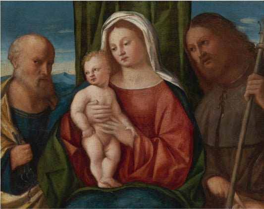 Madonna and Child with Saints Peter and Roche, vintage artwork by Girolamo da Santa Croce, A3 (16x12") Poster Print