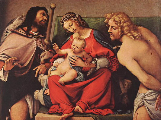 Madonna and Child with Saints Roch and Sebastian, vintage artwork by Lorenzo Lotto, A3 (16x12") Poster Print
