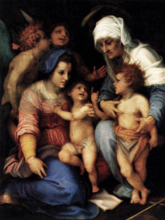 Madonna and Child with St Elizabeth, the Infant St John and Two Angels, vintage artwork by Andrea del Sarto, A3 (16x12") Poster Print
